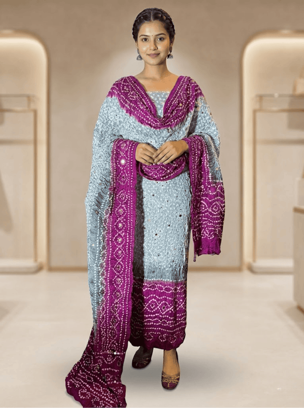 Indian Bandhani Chunari Shumoz Silk Suit – Unstitched 2-Piece