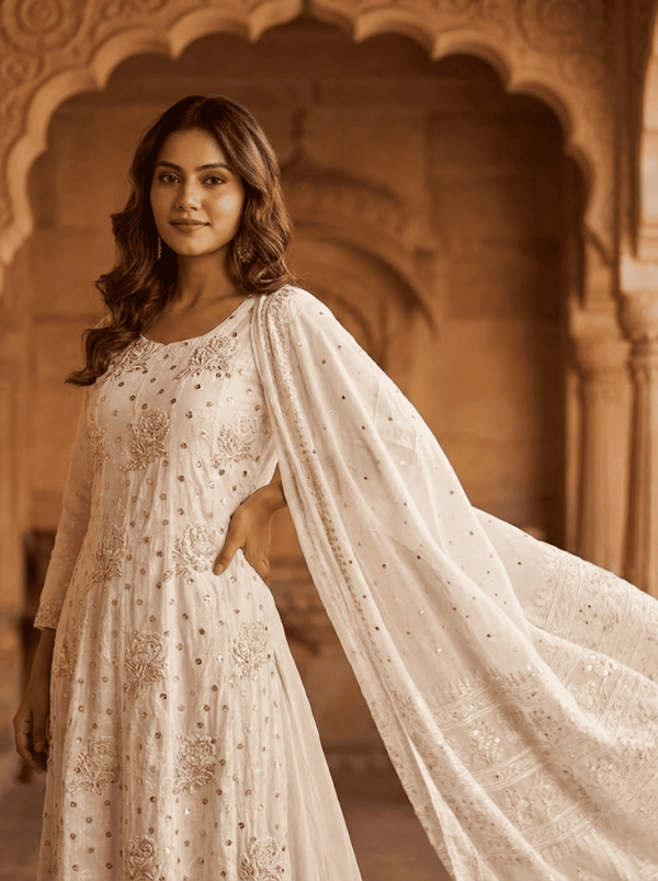 Indian Antique Mukesh with Pearls Work Anarkali Frock