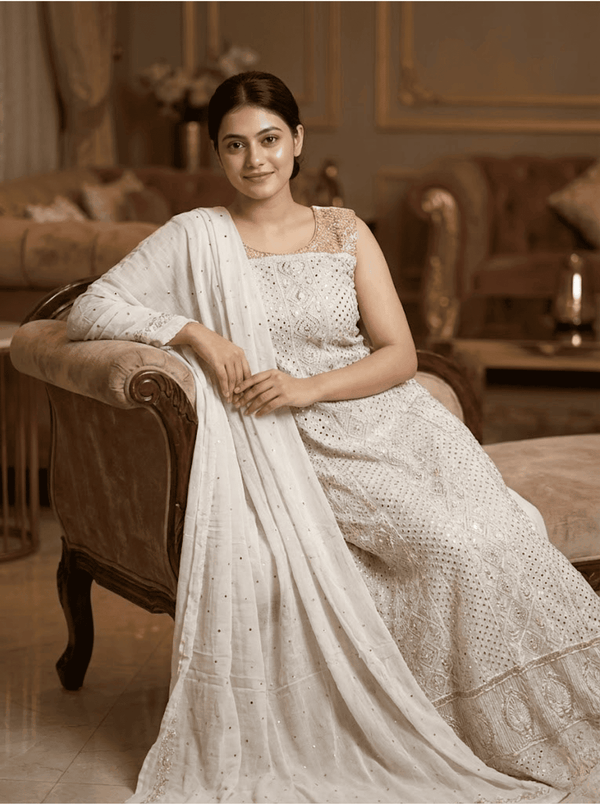 Indian Antique Mukesh with Pearls Work Anarkali Frock