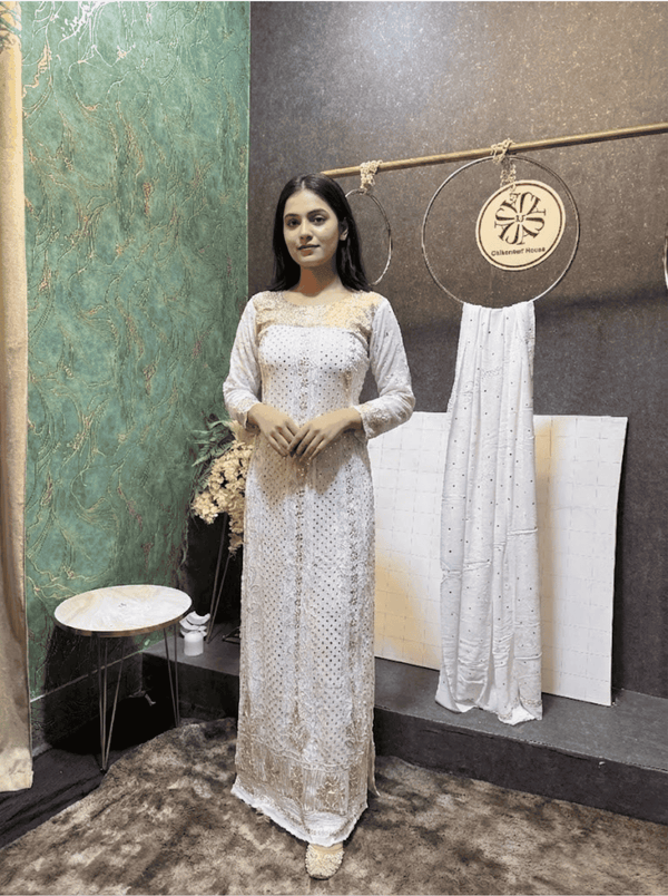 Indian Antique Mukesh with Pearls Work Anarkali Frock