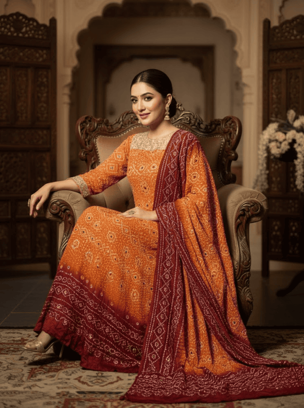Indian Bandhani Chunari Shumoz Silk Suit – Unstitched 2-Piece