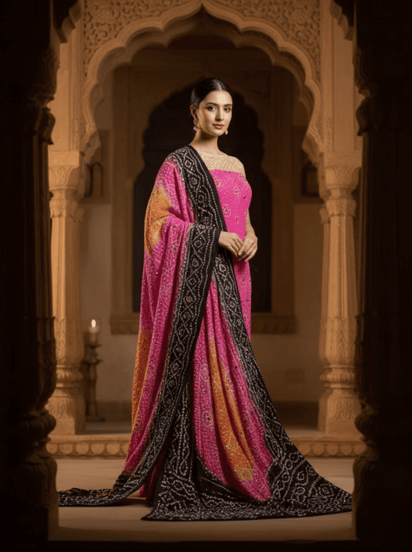 Indian Bandhani Chunari Shumoz Silk Suit – Unstitched 2-Piece