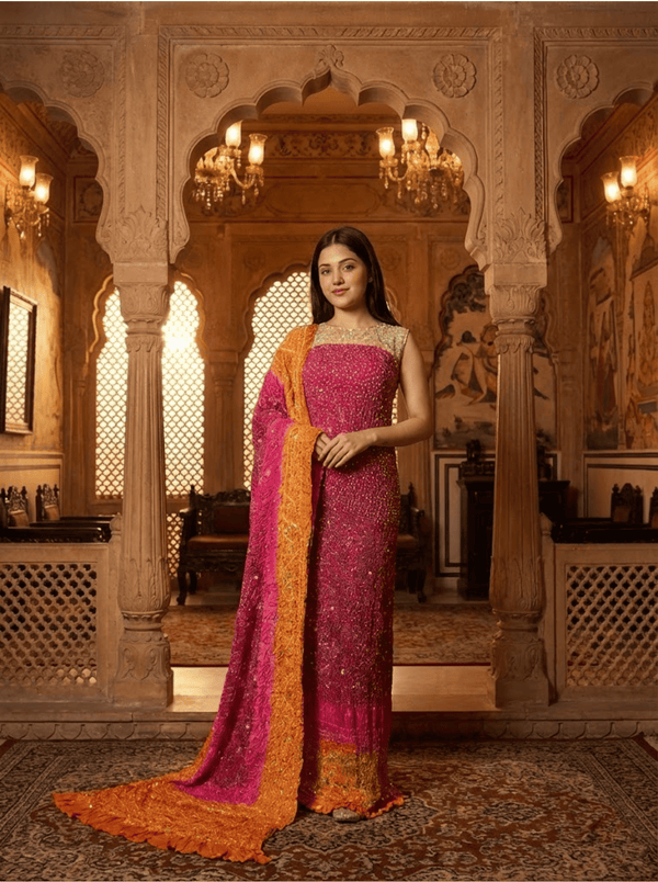 Indian Bandhani Chunari Shumoz Silk Suit – Unstitched 2-Piece